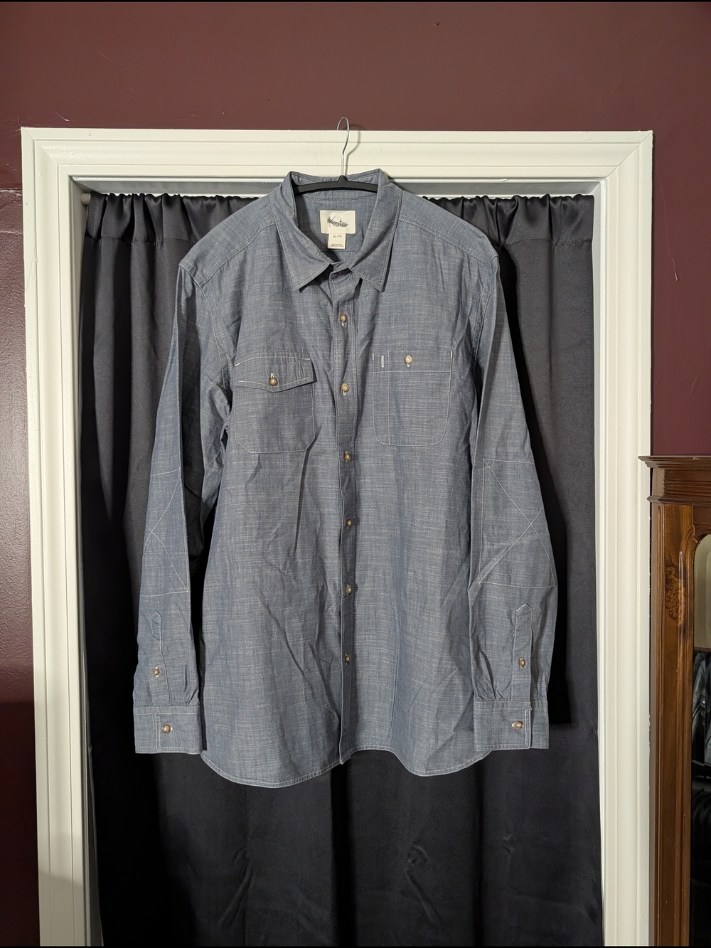 KOTO Chambray Cotton Men's Blue Button-Down Dual Pocket Work Shirt XL